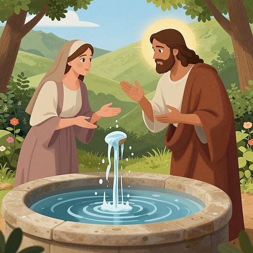 Illustration of a bearded Jesus and a veiled Mary Magdalene standing by a stone fountain, water miraculously flowing, amidst lush green hills
