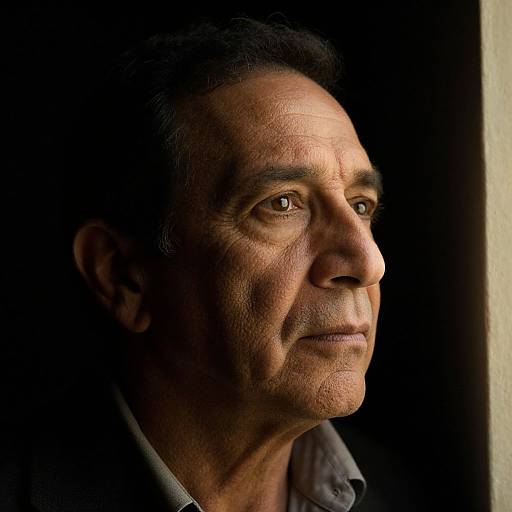 Close-up photograph of a middle-aged South Asian man with deep brown eyes, short black hair, and weathered skin, gazing thoughtfully into the