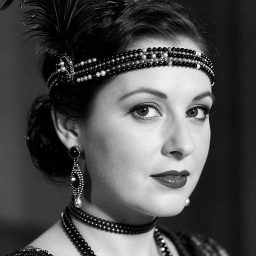 Black-and-white photograph of a woman with an Art Deco headband, beaded necklace, and earrings, looking slightly to the side, feather accent