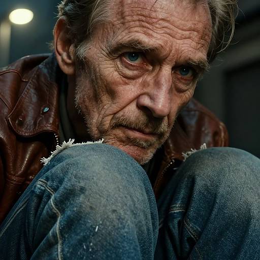 Close-up photograph of a weathered, intense-eyed middle-aged man with thinning hair, wearing a worn leather jacket and frayed jeans, crou