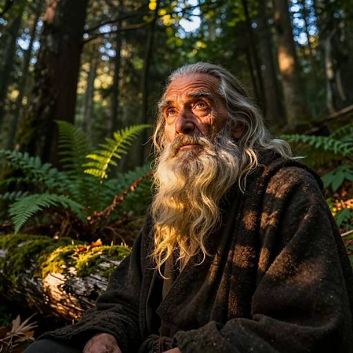 Photograph of an elderly man with long white beard, wearing a dark robe, sitting in a sunlit forest. Sunlight highlights his face and beard