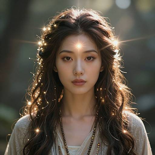 Photograph of a young woman with long, wavy brown hair, illuminated by glowing sparks, wearing a light, textured top, set against a blurred