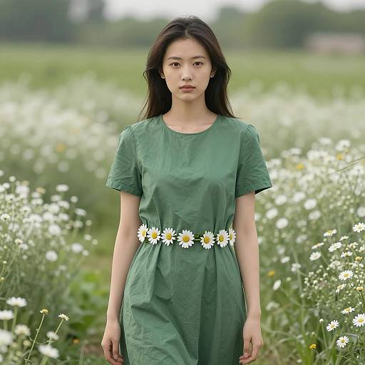 Serene Woman in Green Dress Among Flowers