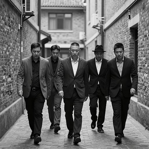Men in Suits Walking Alleyway Scene