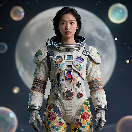 Digital artwork of an Asian woman in a colorful, flower-decorated space suit with various buttons and controls, standing in front of a large moon and