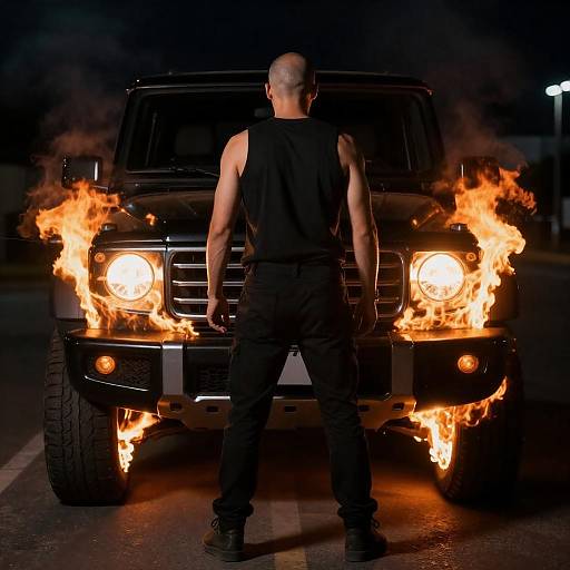 Bald Man at SUV with Flaming Tires