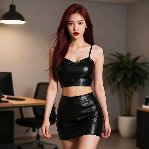 Confident Asian woman in black leather outfit