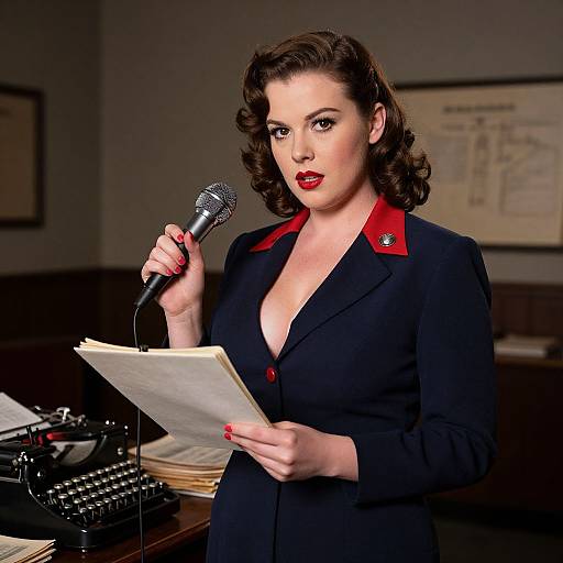 Vintage-style photograph of a brunette woman with red lipstick, wearing a black blazer with red trim, holding a microphone and papers, standing in an office