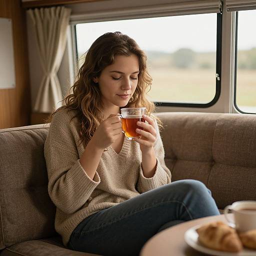 Serene Woman Enjoying Tea in Caravan