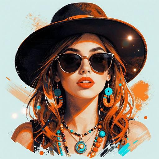Digital artwork of a confident woman with wavy brown hair, wearing a wide-brimmed black hat, round sunglasses, orange earrings, and beaded