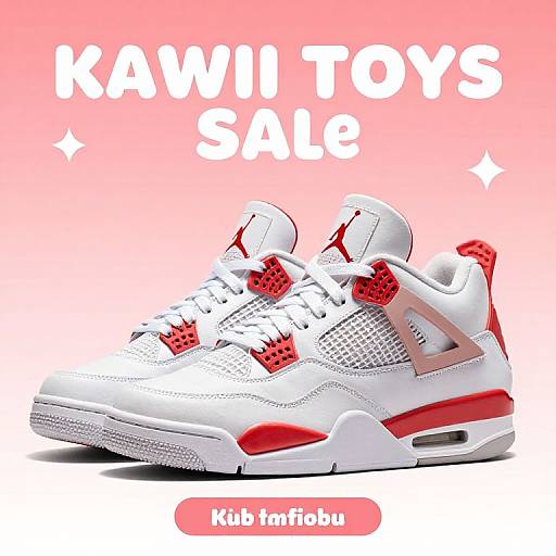 Photograph of white and red Kawhi Toy's sneakers with perforated red accents, set against a pink gradient background. Text reads 