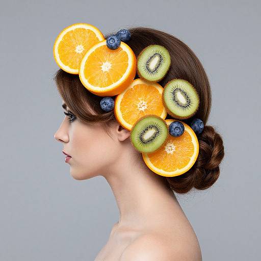 Photograph of a fair-skinned woman in profile, with brown hair styled in a braid, adorned with orange, kiwi, and blueberry