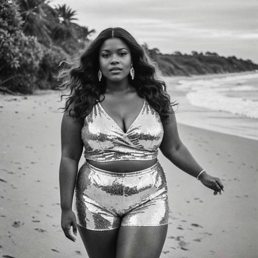 Curvy Woman in Silver Sequin Outfit on Beach