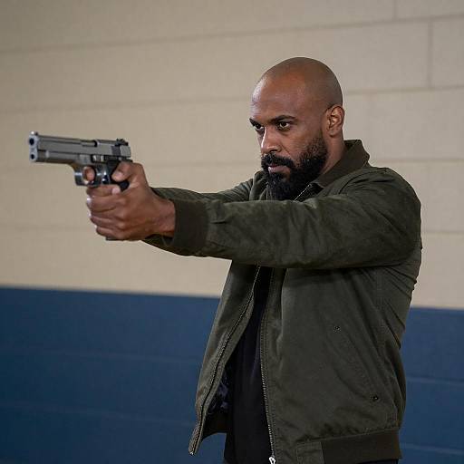 Bald Bearded Man Aiming Handgun