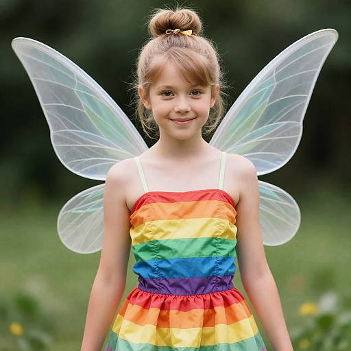 Photograph of a young girl with light brown hair in a bun, wearing a rainbow-striped dress and translucent fairy wings, smiling outdoors.