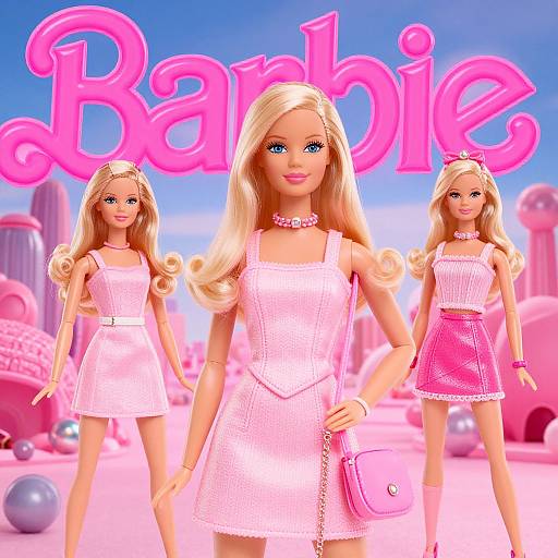 Digital image of three blonde Barbie dolls in pink outfits, standing in a pink, futuristic background with 