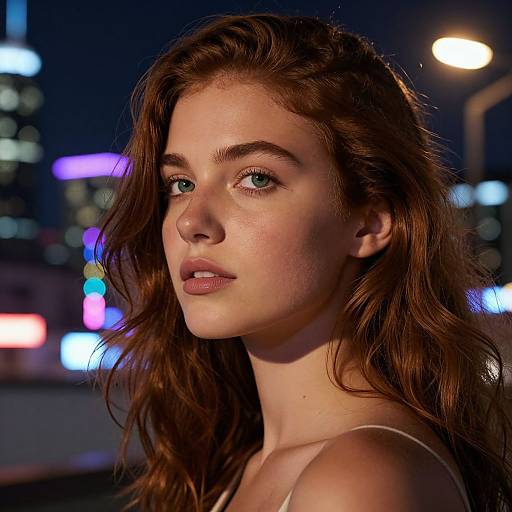 Photograph of a young woman with fair skin, blue eyes, and wavy brown hair, illuminated by city lights at night.