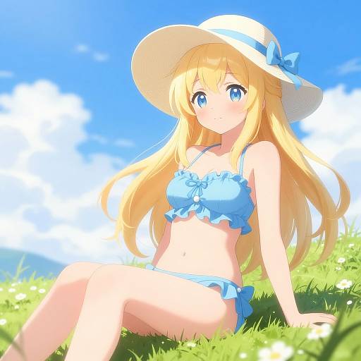 Digital anime-style illustration of a blonde girl with blue eyes, wearing a blue frilled bikini and white sunhat, sitting on grass under a bright blue