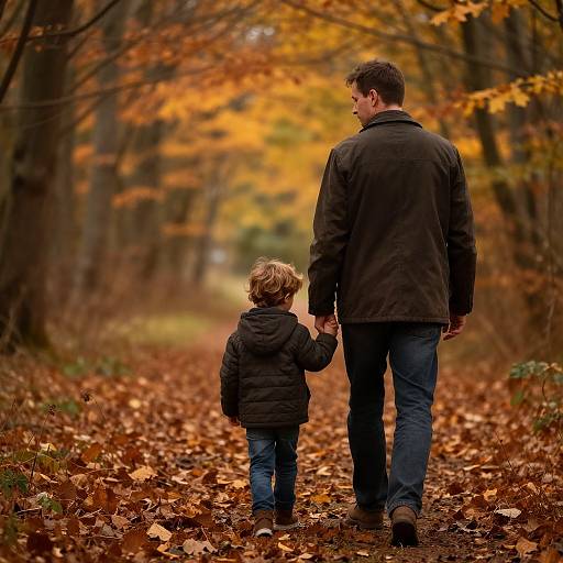 Photograph of a father and son holding hands, walking down a leaf-covered autumn forest path, surrounded by vibrant orange and yellow foliage.