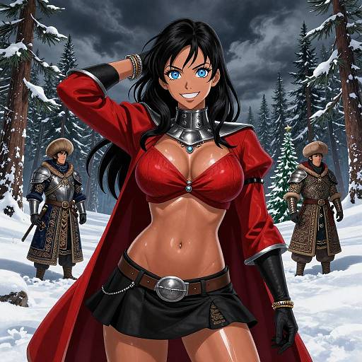 Digital anime-style drawing: Curvy woman with blue eyes, large breasts, black hair, red cape, black skirt, and gloves stands confidently in snowy