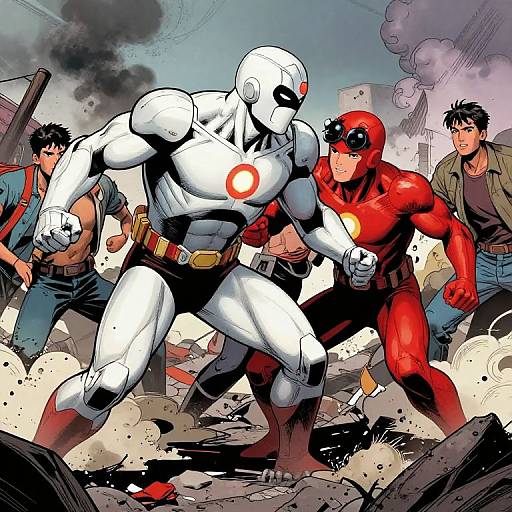 Comic-style drawing: White, muscular robot with red circle battles red-caped, muscular superhero. Background: Smoky ruins, three men in jeans,