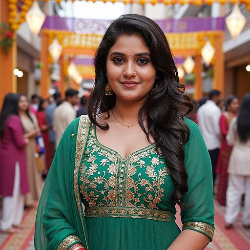 Photograph of a beautiful Indian woman with long black hair, green embroidered traditional dress, gold jewelry, smiling in a festive, brightly decorated hall.