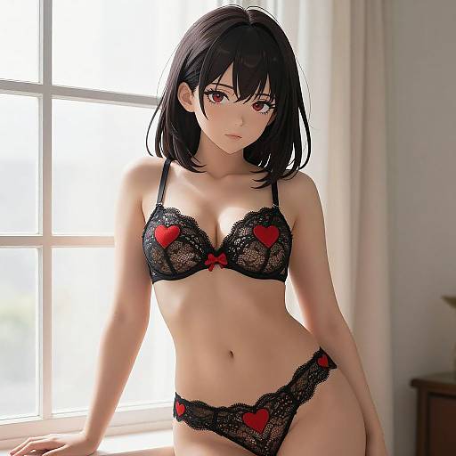 Confident Woman in Black Lace Lingerie