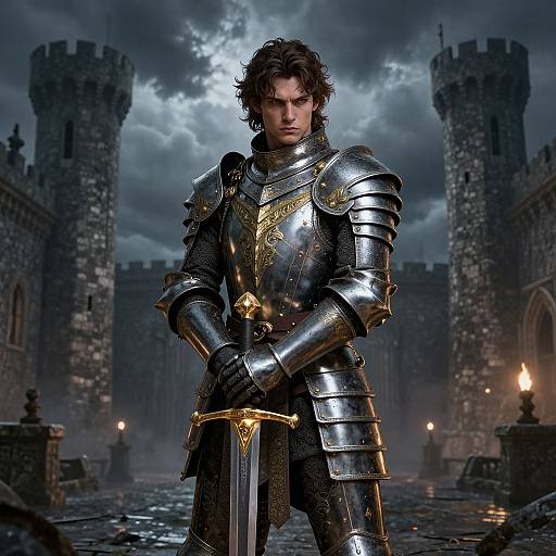 Photorealistic digital art of a dark-haired, intense male knight in gleaming, ornate armor, holding a sword, standing before medieval castle towers