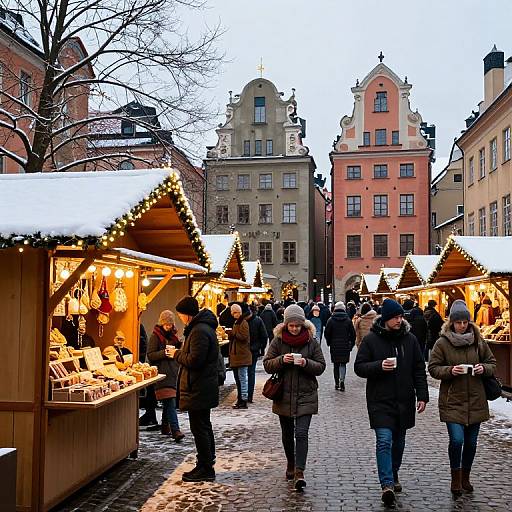 Photograph of a bustling Christmas market with wooden stalls, illuminated by warm lights, under a snowy, cobblestone street, surrounded by historic, colorful