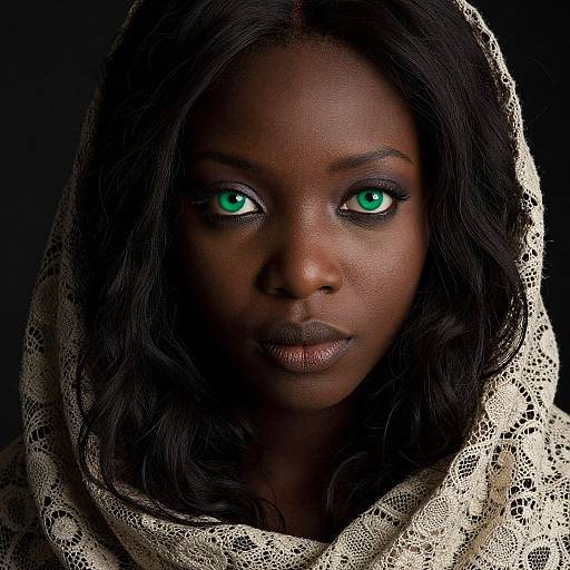 Photograph of a dark-skinned woman with striking green eyes, wearing a lace-patterned beige headscarf against a black background.