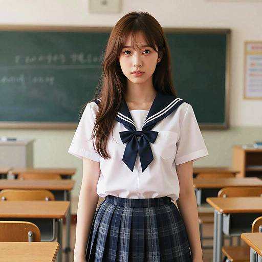 Photograph of a young Asian woman in a Japanese school uniform with a white blouse and navy plaid skirt, standing in a classroom with wooden desks and