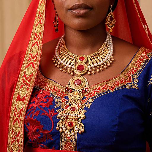 Photograph of a dark-skinned woman wearing a red and blue embroidered traditional dress, gold and pearl necklace, matching earrings, and a red veil.
