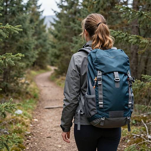 Woman Hiking on Forest Trail