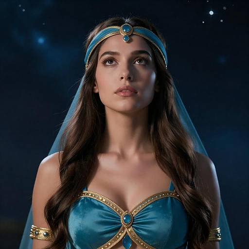 Heroic Woman in Blue-Gold Cosmic Portrait