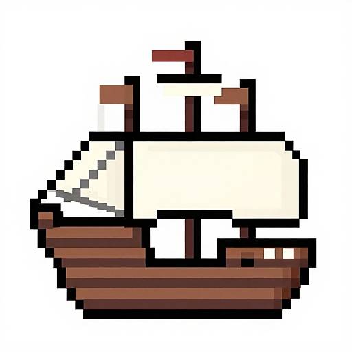 Pixel art of a white and brown sailing ship with three masts on a white background, featuring bold black outlines.