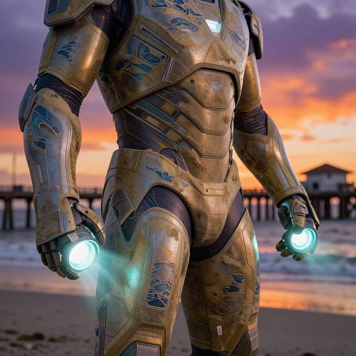 Photograph of a golden armored Iron Man suit with glowing blue repulsor beams, standing on a beach at sunset, pier in background.