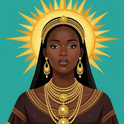 Digital illustration of a dark-skinned woman with long black hair, wearing gold jewelry, including a sun halo, against a turquoise background.