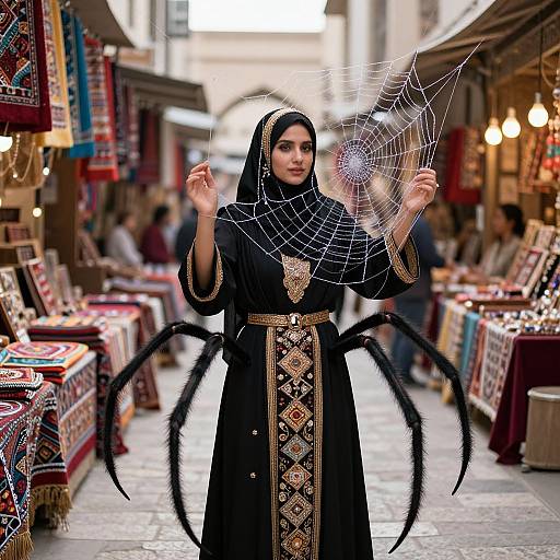 Photograph of a woman in a black, intricately patterned hijab and dress with spider-like arms, spinning a web in a bustling, colorful