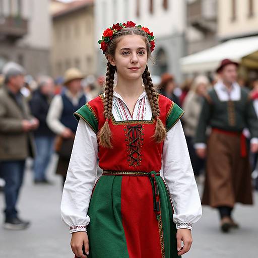 Photograph of young woman with braided brown hair, red and green traditional dress, white blouse, red flower crown, standing in bustling European street festival