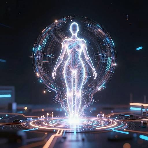 Digital artwork of a glowing, neon blue and white human silhouette standing in a circular, radiant, futuristic holographic portal on a dark, tech-laden