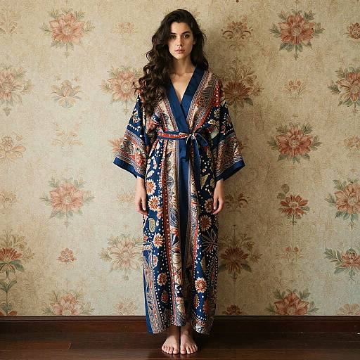 Young Woman in Vintage Floral Kimono