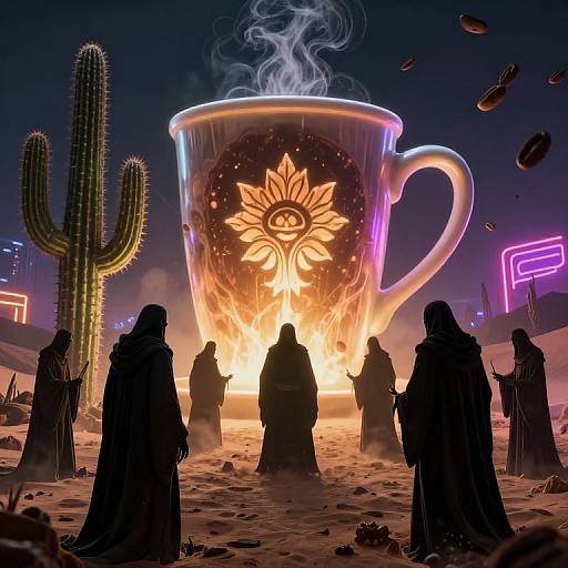 Cultists Worship Giant Neon Coffee Cup