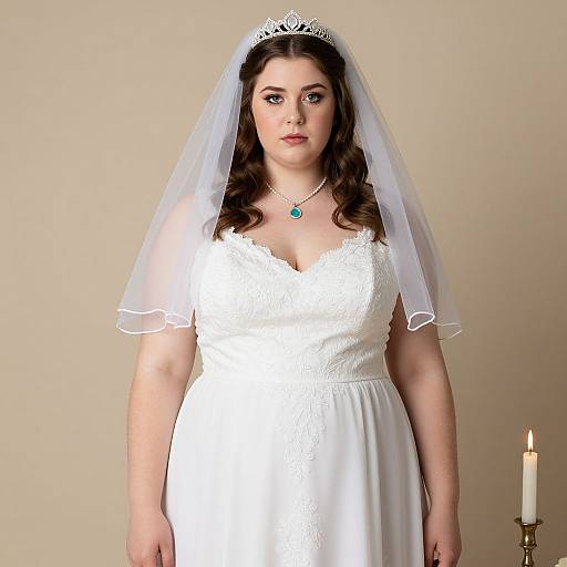 Photograph of a plus-sized, fair-skinned, brown-haired bride in a white lace wedding dress with veil, tiara, and turquoise necklace,