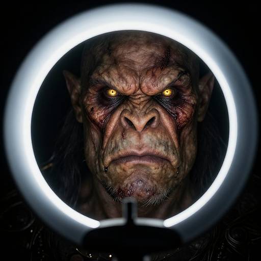 CGI close-up of a menacing, wrinkled, alien creature with glowing yellow eyes, framed by a bright circular light ring against a black background.