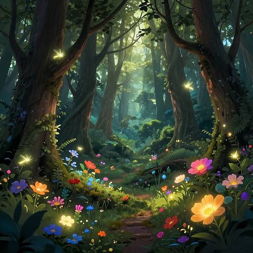 Digital illustration of a magical forest with tall trees, glowing fireflies, colorful flowers, and a moonlit path in the background.