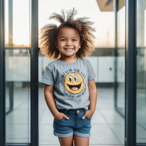 Smiling toddler girl in cartoon t-shirt and denim shorts