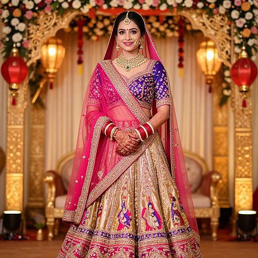 Photograph of a South Asian bride in a vibrant pink and blue traditional lehenga with gold embroidery, wearing jewelry, standing in an ornate, flower