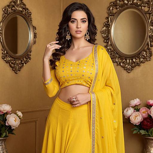 Photograph of an attractive South Asian woman with long black hair, wearing a bright yellow traditional outfit with gold embroidery, standing in front of ornate mirrors