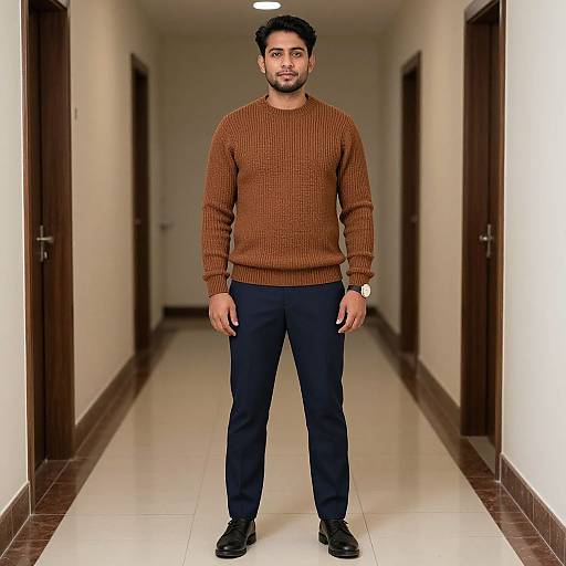 Man in Brown Sweater and Blue Pants