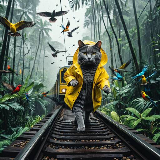 Gray Cat in Yellow Raincoat on Train Tracks